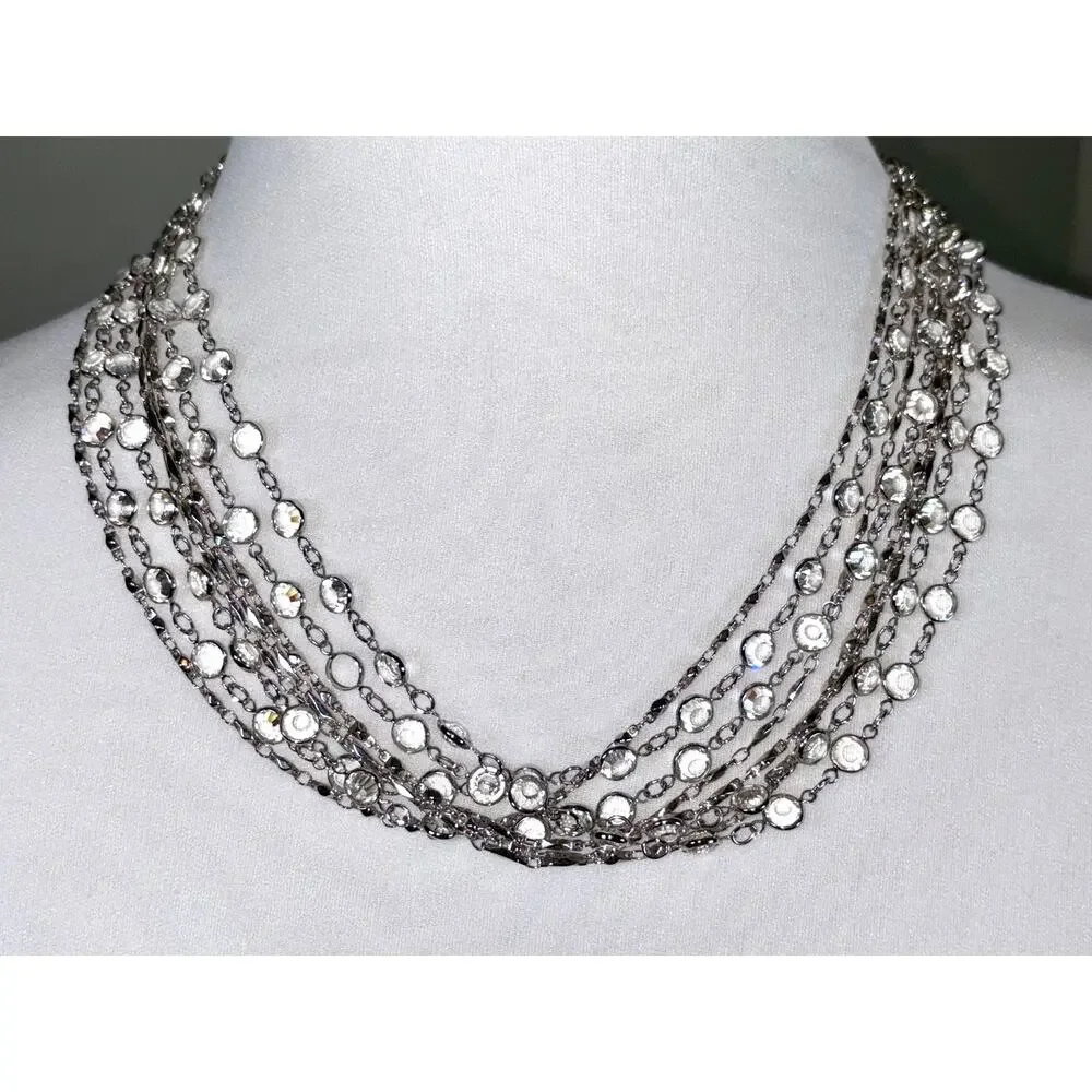 Swarovski Swan Crystal Open Bezel Rhodium Multistrand Statement Necklace